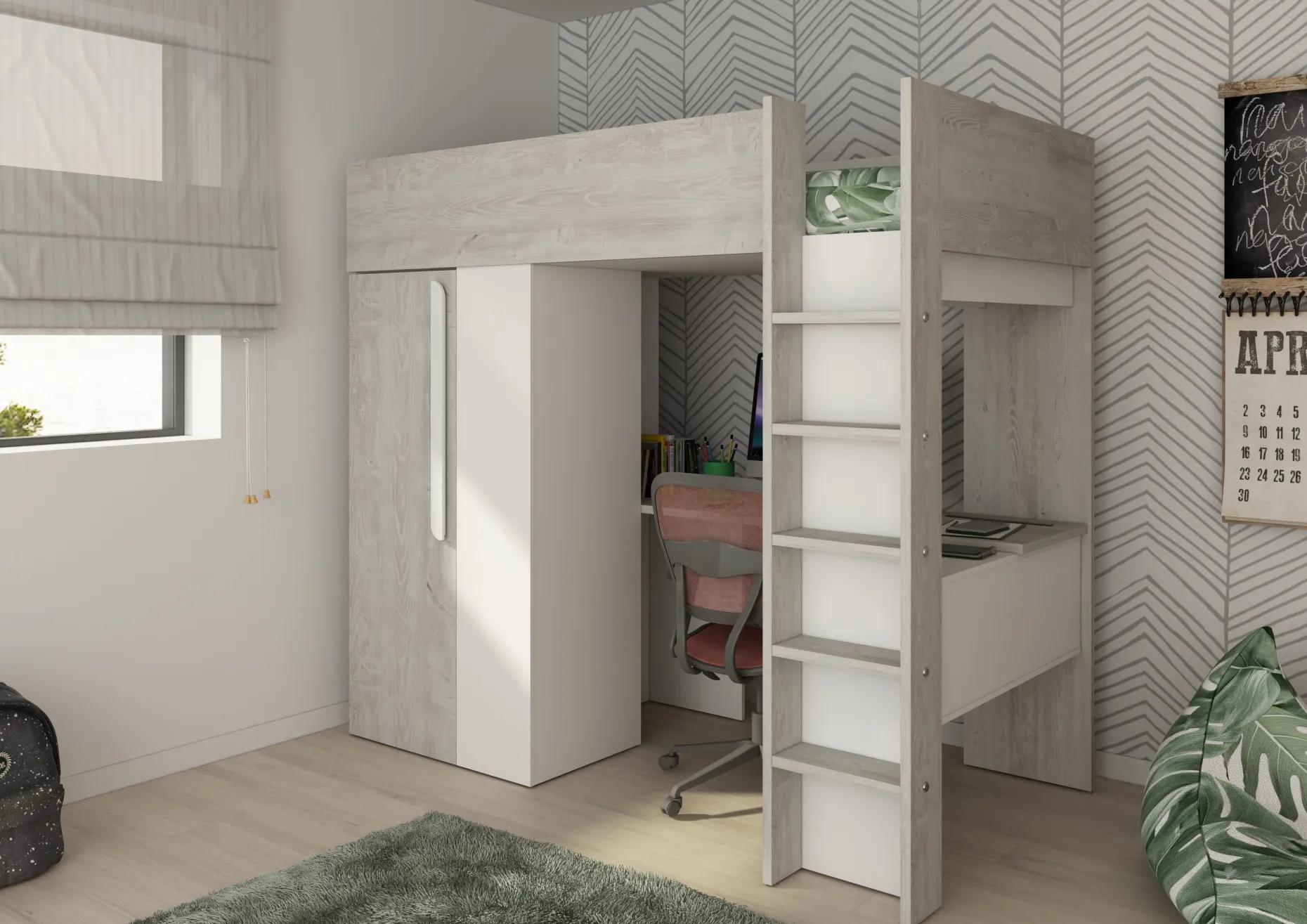 Hochbett Beau 90x200 mit Schreibtisch und Kleiderschrank - weiß