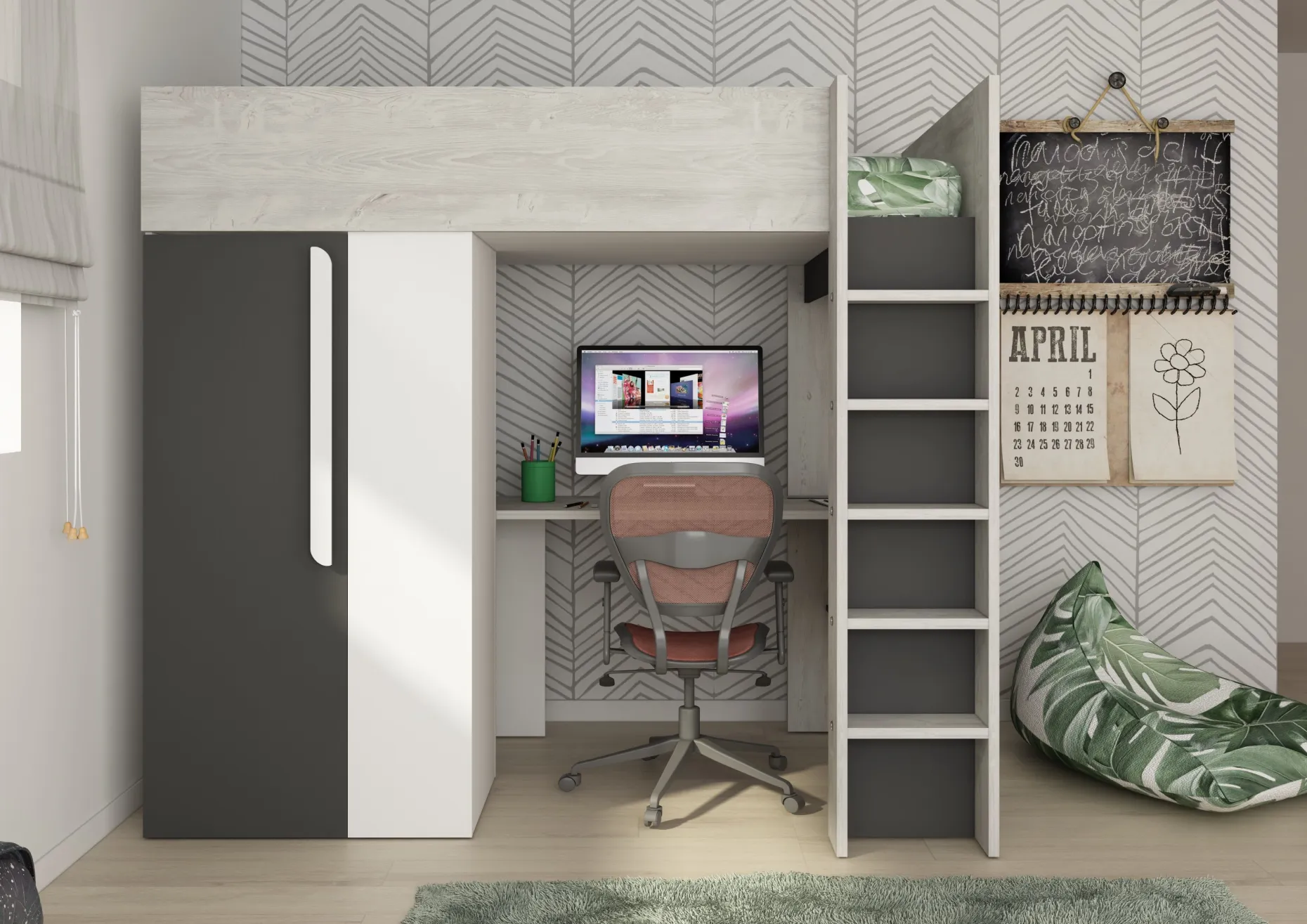 Hochbett Beau 90x200 mit Schreibtisch und Kleiderschrank - schattengrau