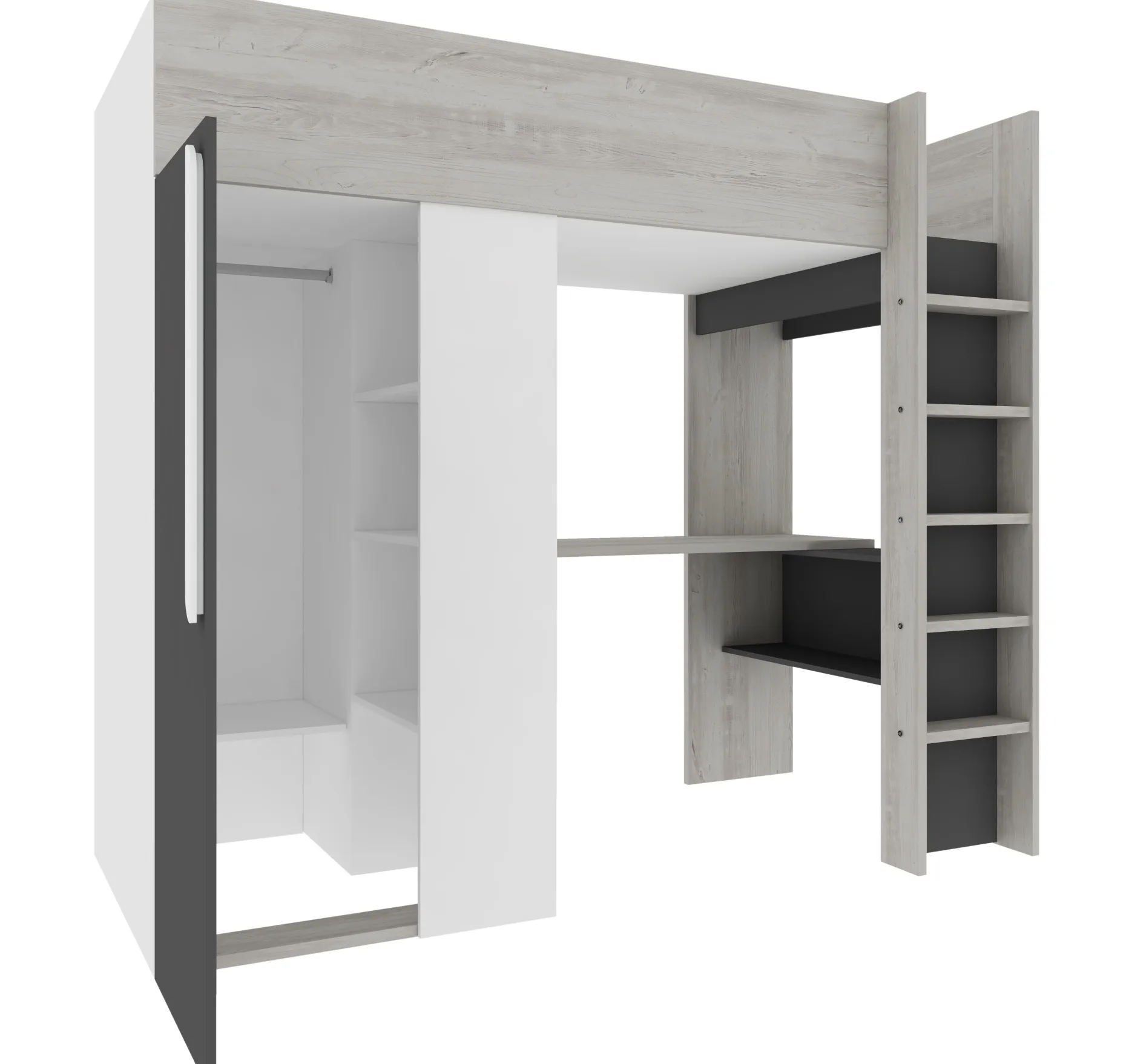 Hochbett Beau 90x200 mit Schreibtisch und Kleiderschrank - schattengrau