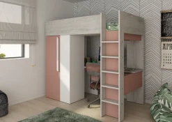 Hochbett Beau 90x200 mit Schreibtisch und Kleiderschrank - altrosa
