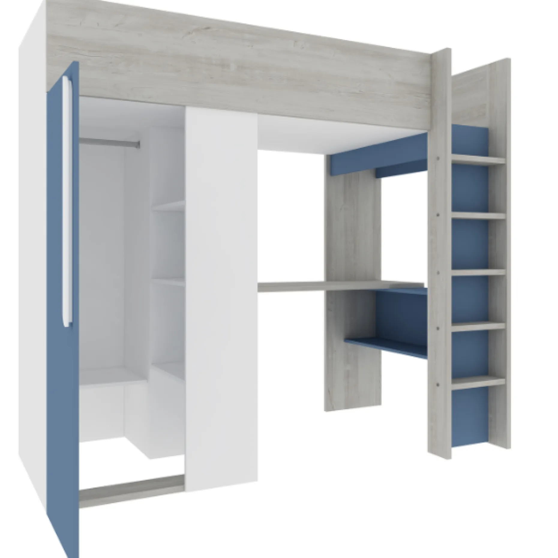 Hochbett Beau 90x200 mit Schreibtisch und Kleiderschrank - dunkelblau