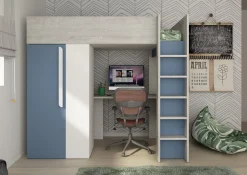 Hochbett Beau 90x200 mit Schreibtisch und Kleiderschrank - dunkelblau
