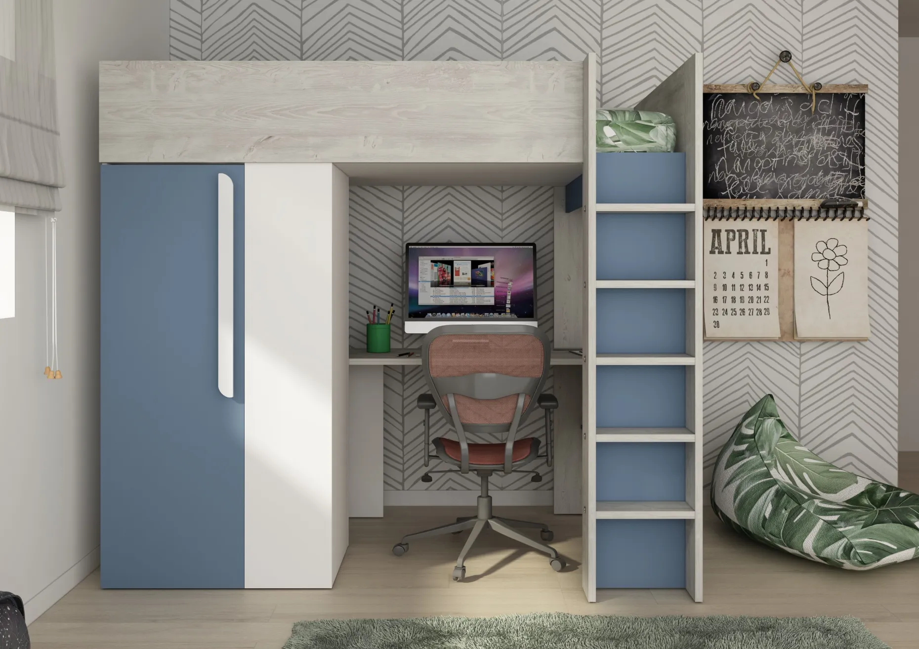 Hochbett Beau 90x200 mit Schreibtisch und Kleiderschrank - dunkelblau