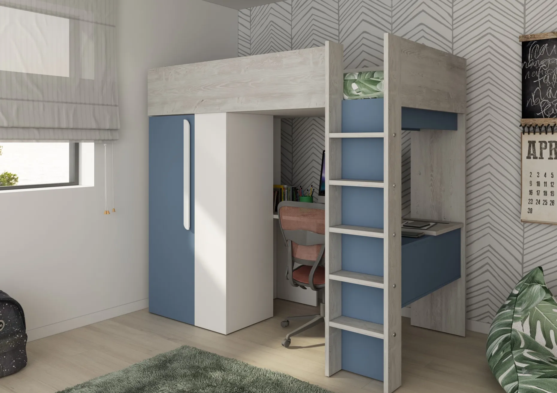Hochbett Beau 90x200 mit Schreibtisch und Kleiderschrank - dunkelblau