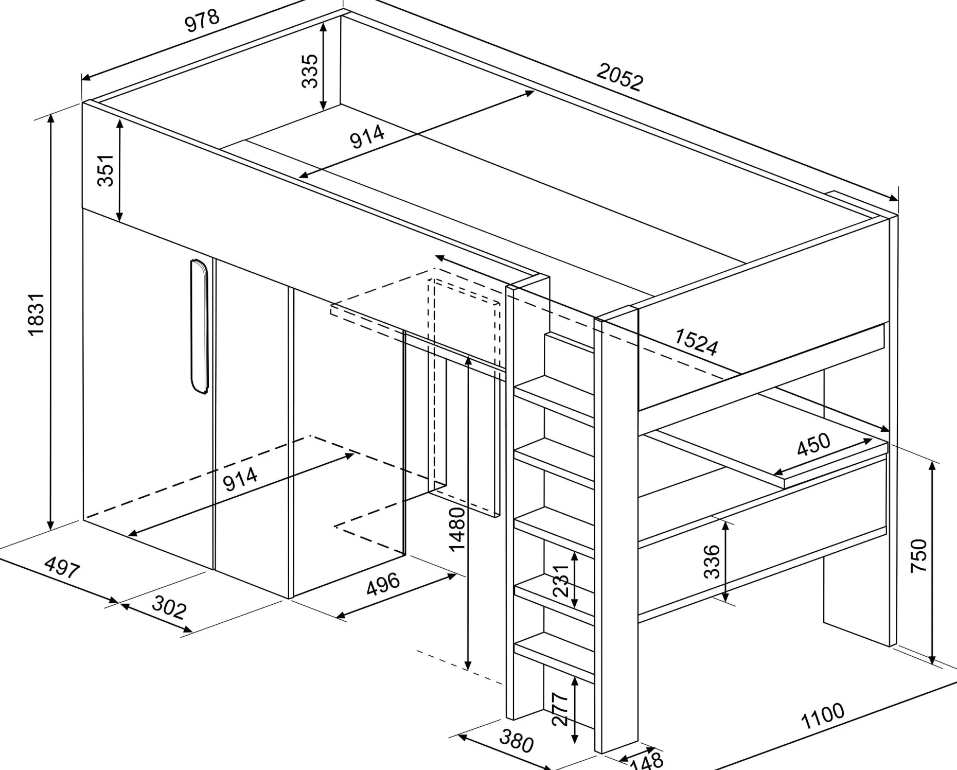 Hochbett Beau 90x200 mit Schreibtisch und Kleiderschrank - dunkelblau
