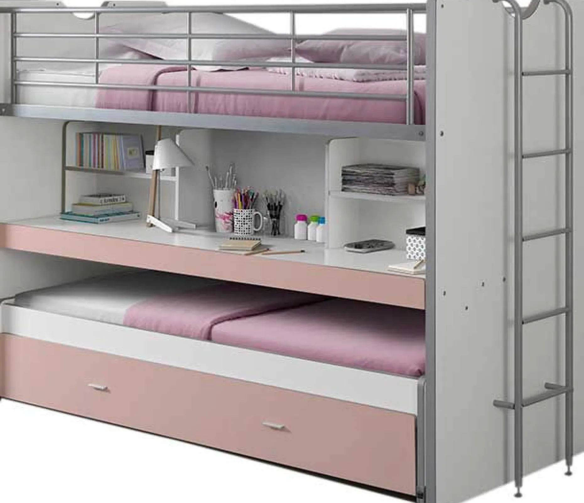 Hochbett Bonny 80 mit Schreibtisch und Bettkasten - rosa