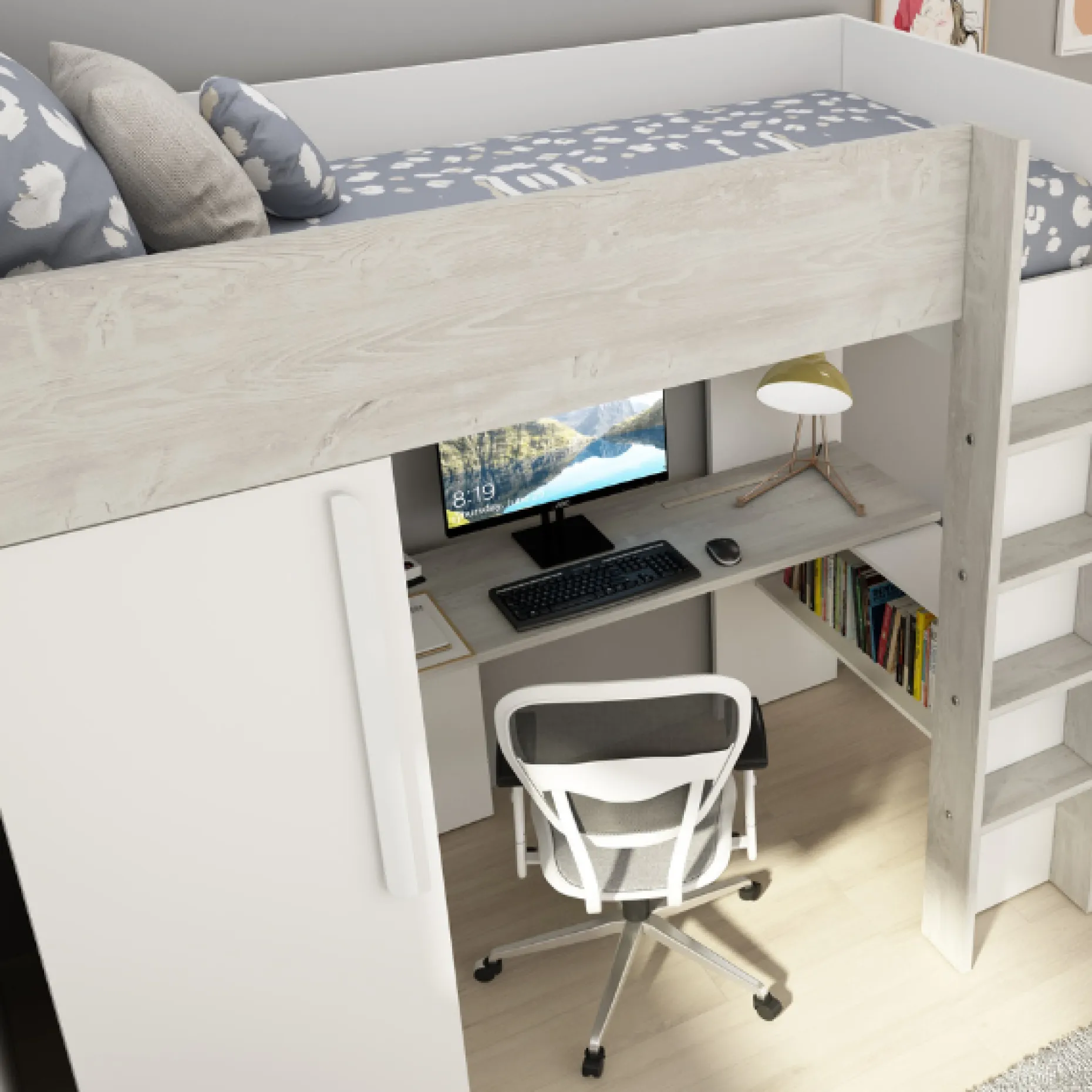 Hochbett Bo9 90x200 cm mit Schreibtisch & Kleiderschrank - weiß