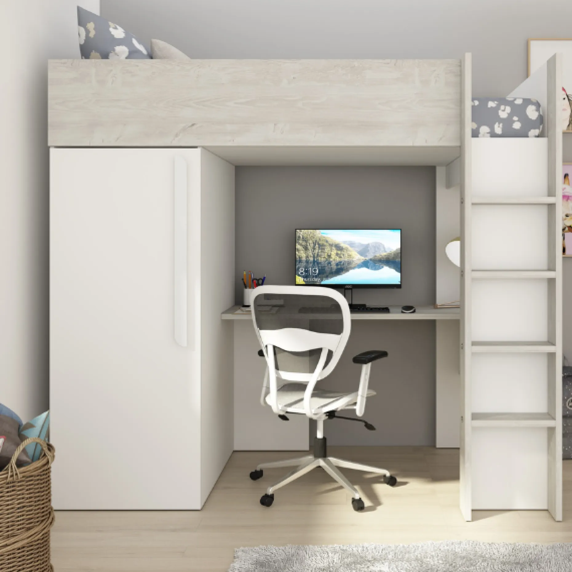 Hochbett Bo9 90x200 cm mit Schreibtisch & Kleiderschrank - weiß