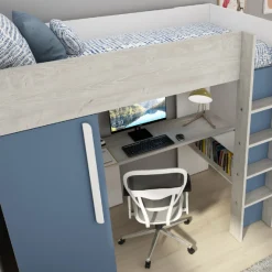 Hochbett Bo9 90x200 cm mit Schreibtisch & Kleiderschrank - blau