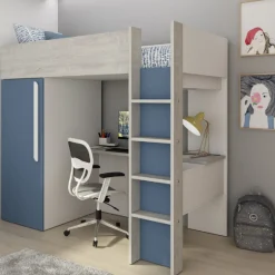 Hochbett Bo9 90x200 cm mit Schreibtisch & Kleiderschrank - blau