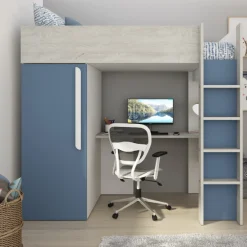 Hochbett Bo9 90x200 cm mit Schreibtisch & Kleiderschrank - blau