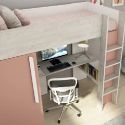 Hochbett Bo9 90x200 cm mit Schreibtisch & Kleiderschrank - altrosa