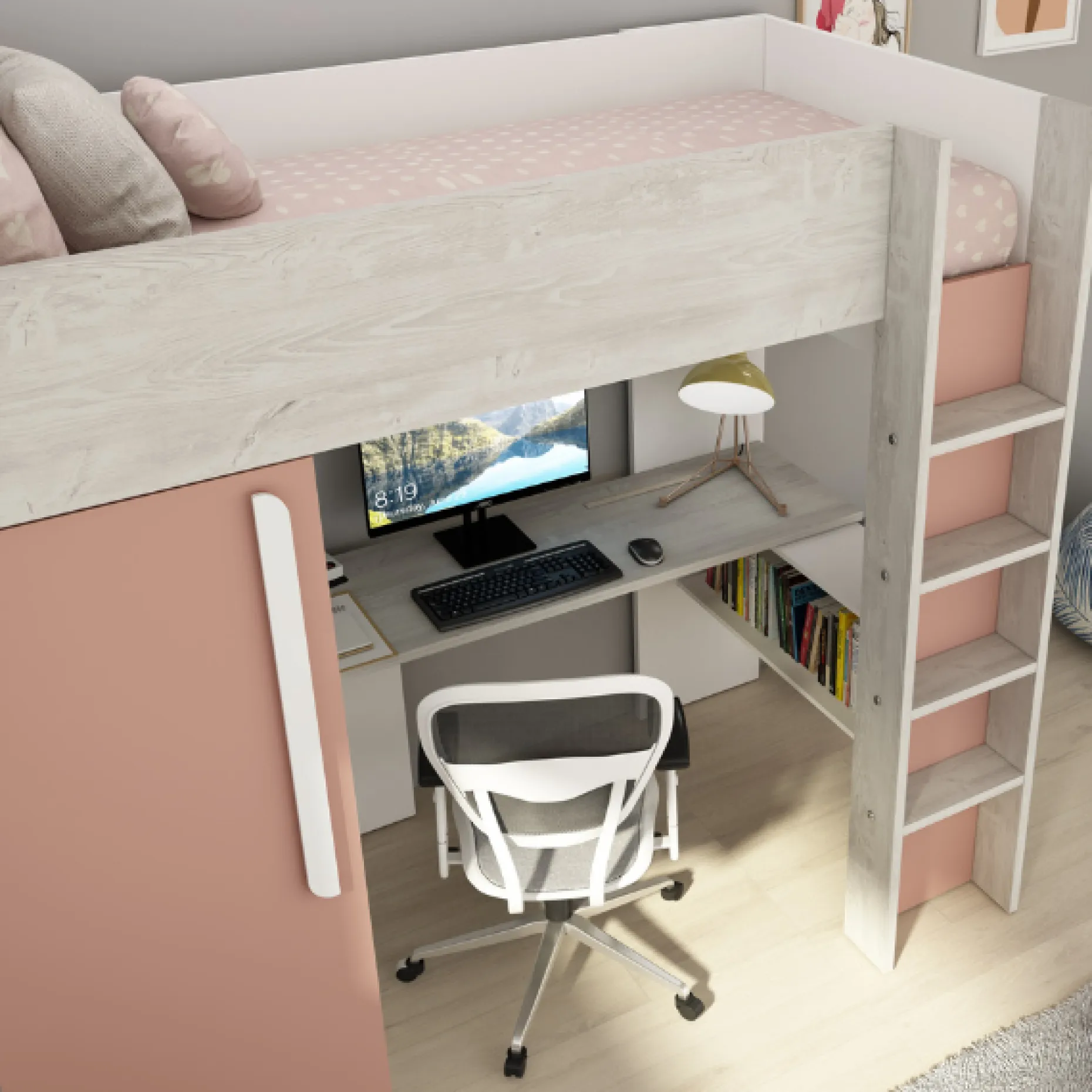 Hochbett Bo9 90x200 cm mit Schreibtisch & Kleiderschrank - altrosa