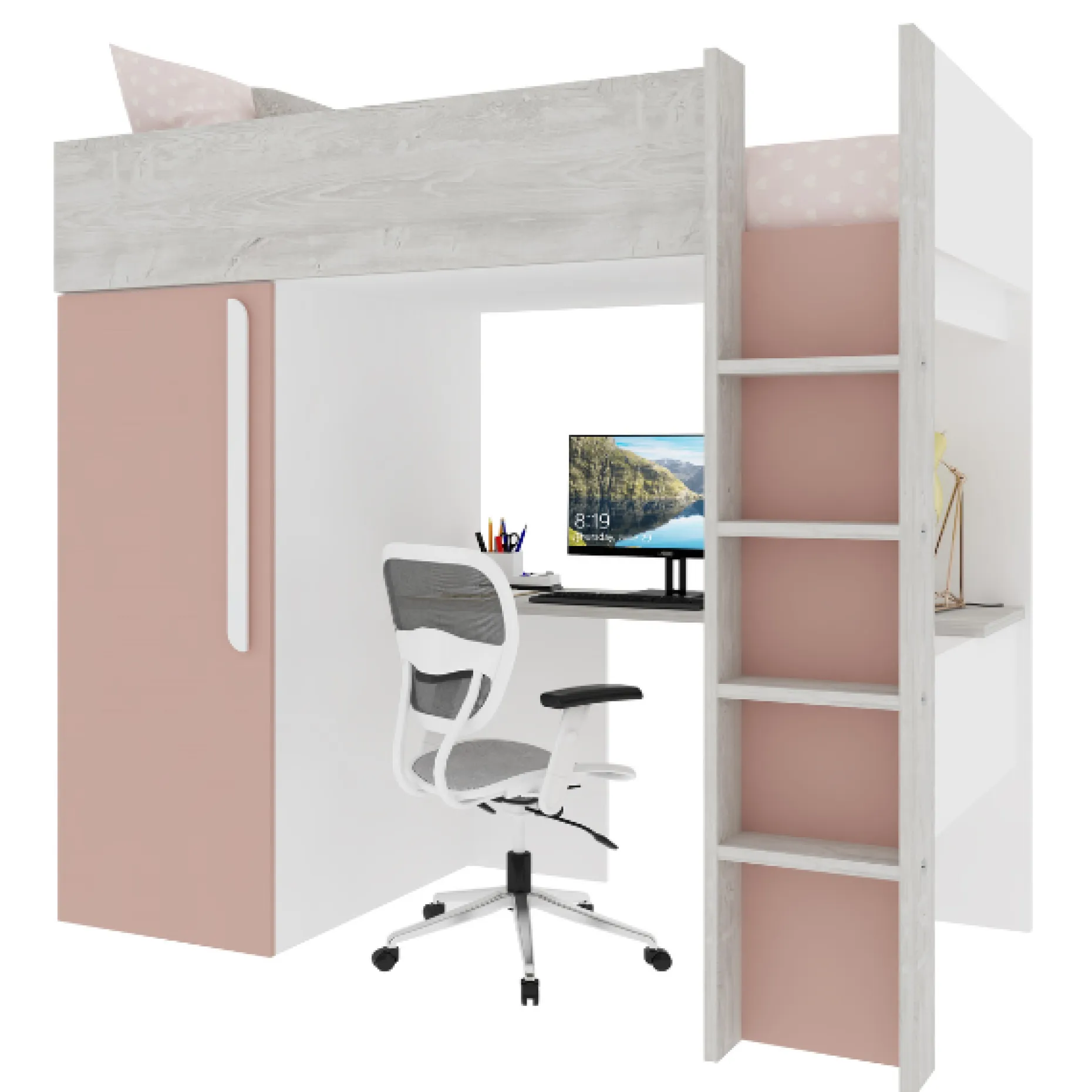 Hochbett Bo9 90x200 cm mit Schreibtisch & Kleiderschrank - altrosa