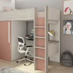 Hochbett Bo9 90x200 cm mit Schreibtisch & Kleiderschrank - altrosa