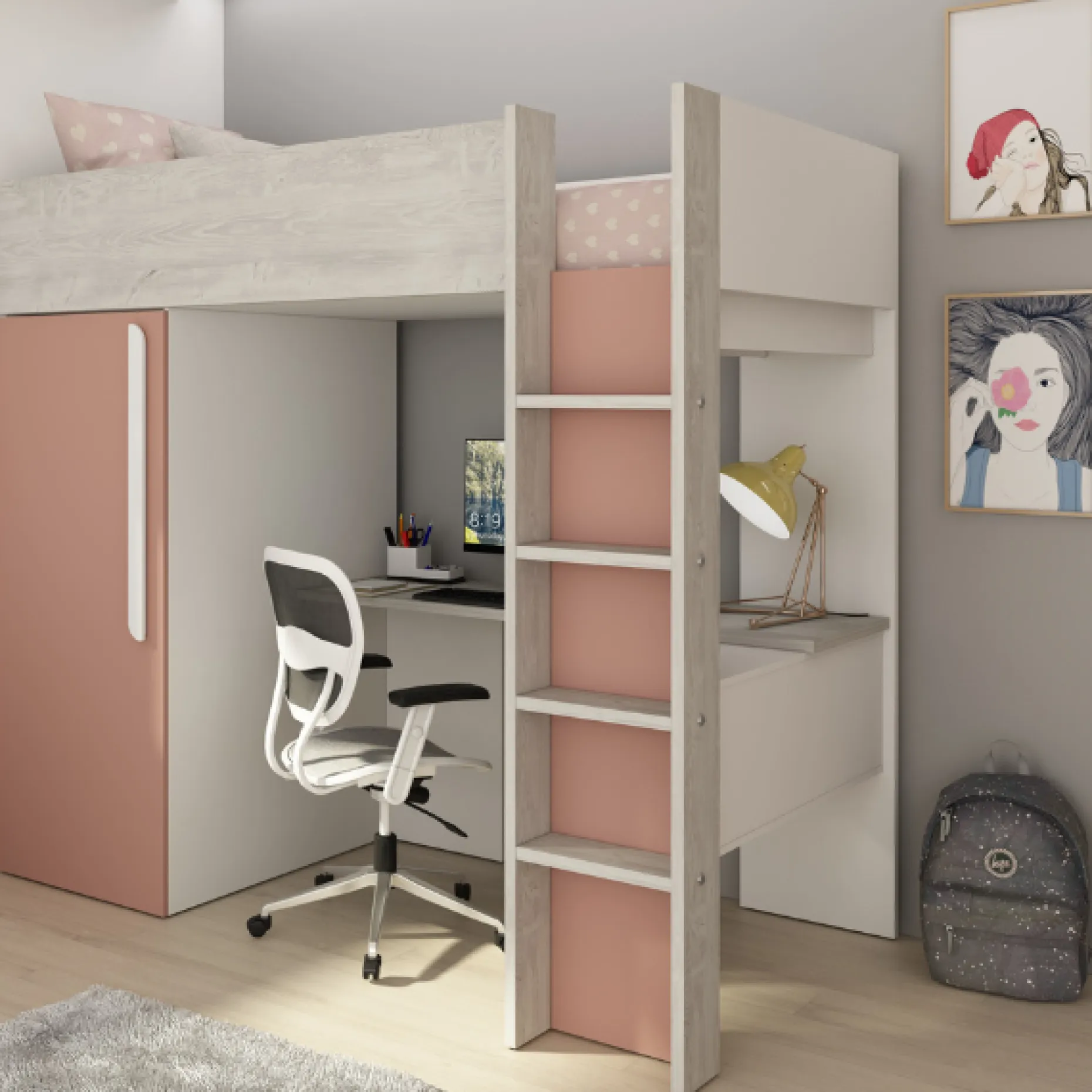 Hochbett Bo9 90x200 cm mit Schreibtisch & Kleiderschrank - altrosa
