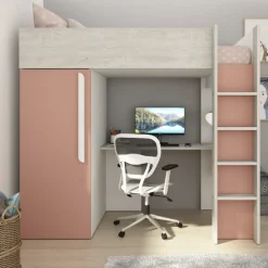 Hochbett Bo9 90x200 cm mit Schreibtisch & Kleiderschrank - altrosa