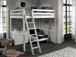 Hochbett Claire 140x200 mit Kommode Charlotte und Sitzbett Lena - weiß