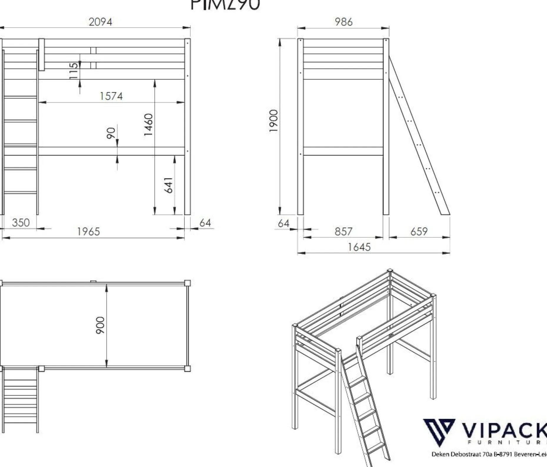Hochbett Claire 90x200 mit Sitzbett - weiß