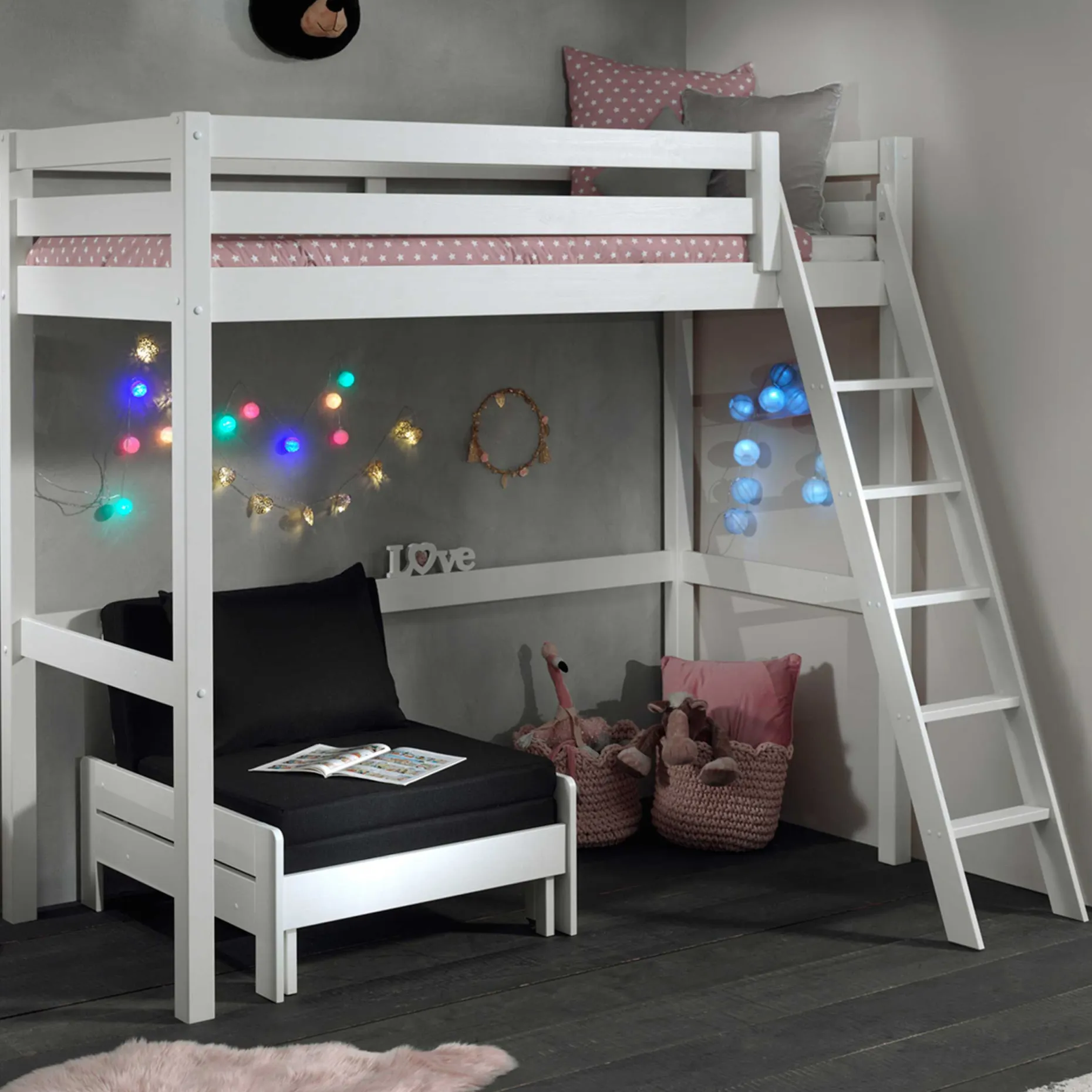 Hochbett Claire 90x200 mit Sitzbett - weiß