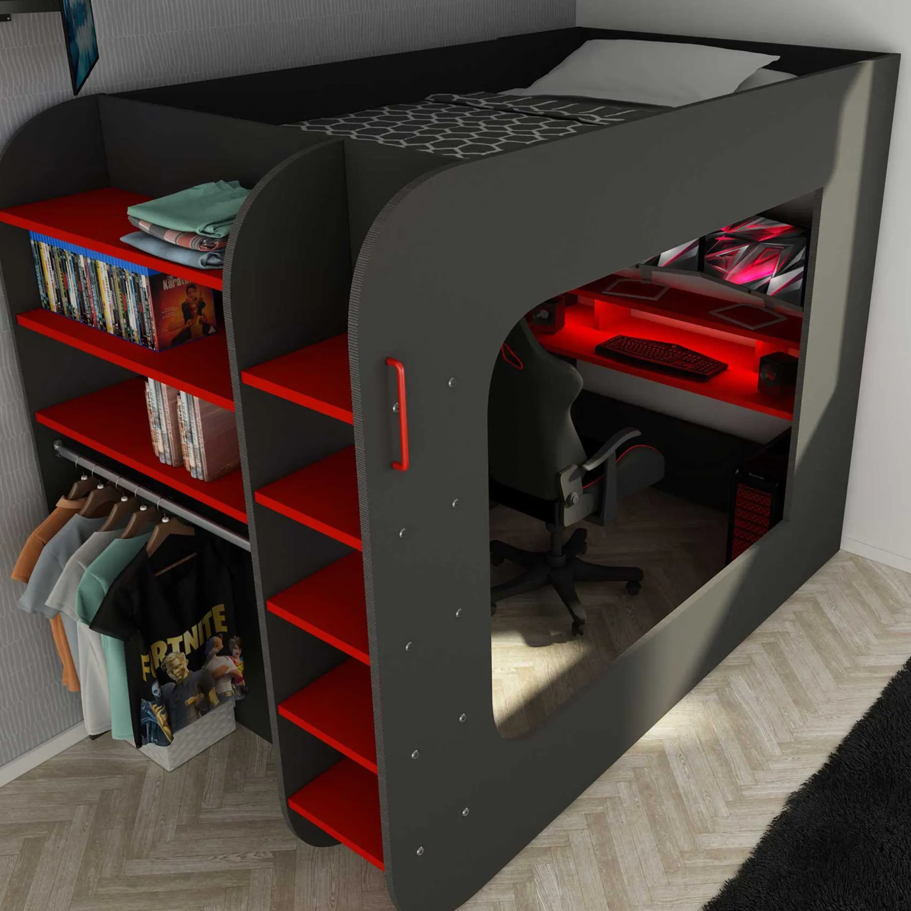 Hochbett Graham mit Spieltisch 120x200cm - anthrazit/rot