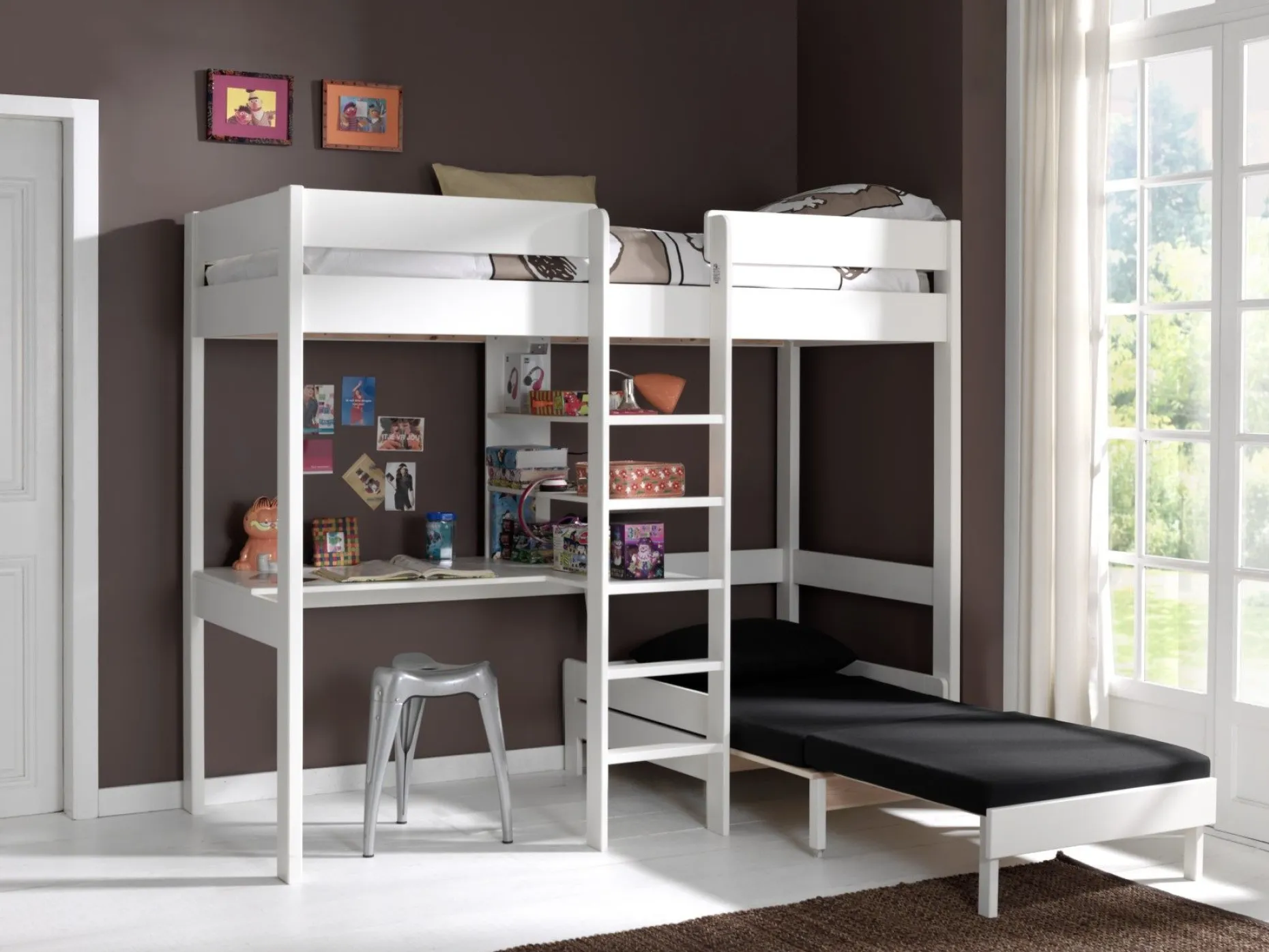 Hochbett Lena mit Schreibtisch und Sofabett - weiß