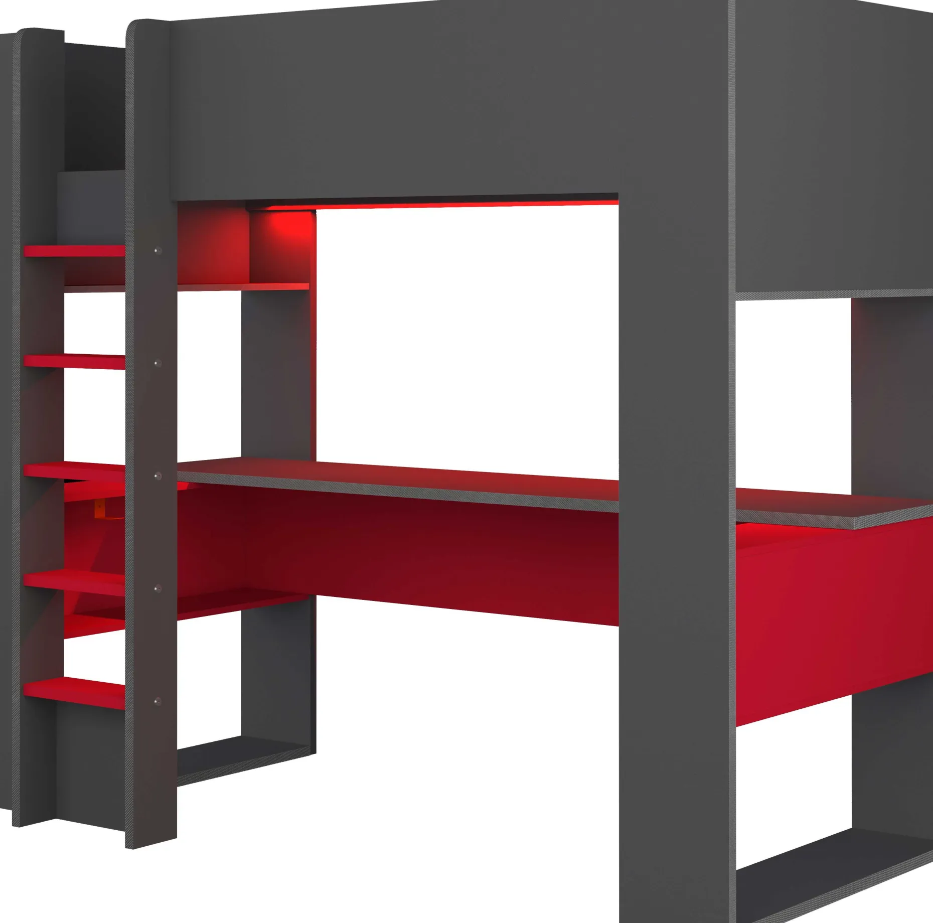 Hochbett mit Schreibtisch Graham 90x200cm - anthrazit/rot