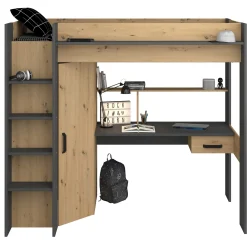 Hochbett mit Schreibtisch Herv 90x200 - Eiche artisan/grau