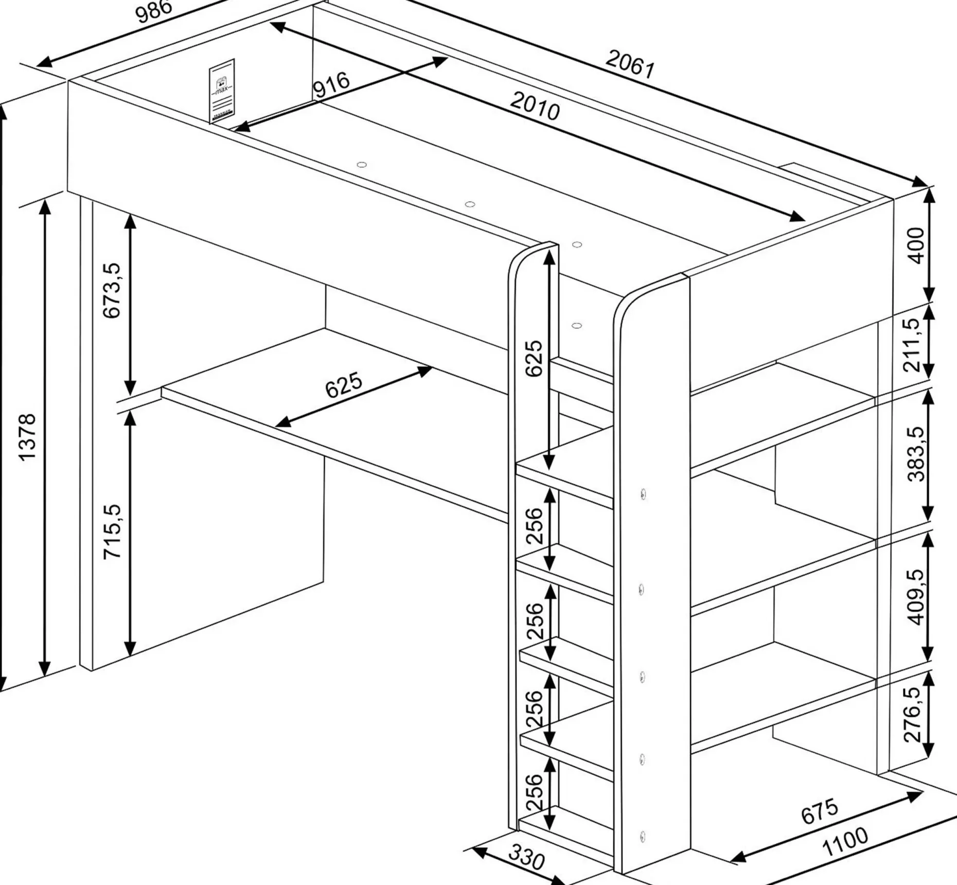 Hochbett mit Schreibtisch Jet 90x200cm - blau