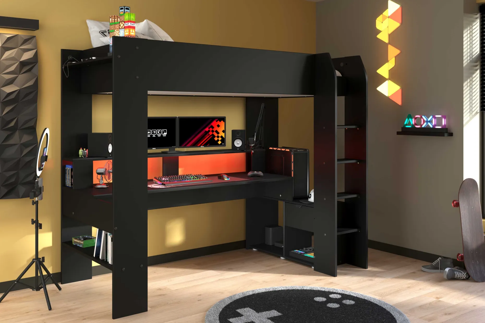 Hochbett mit Schreibtisch Raider 90x200cm - schwarz