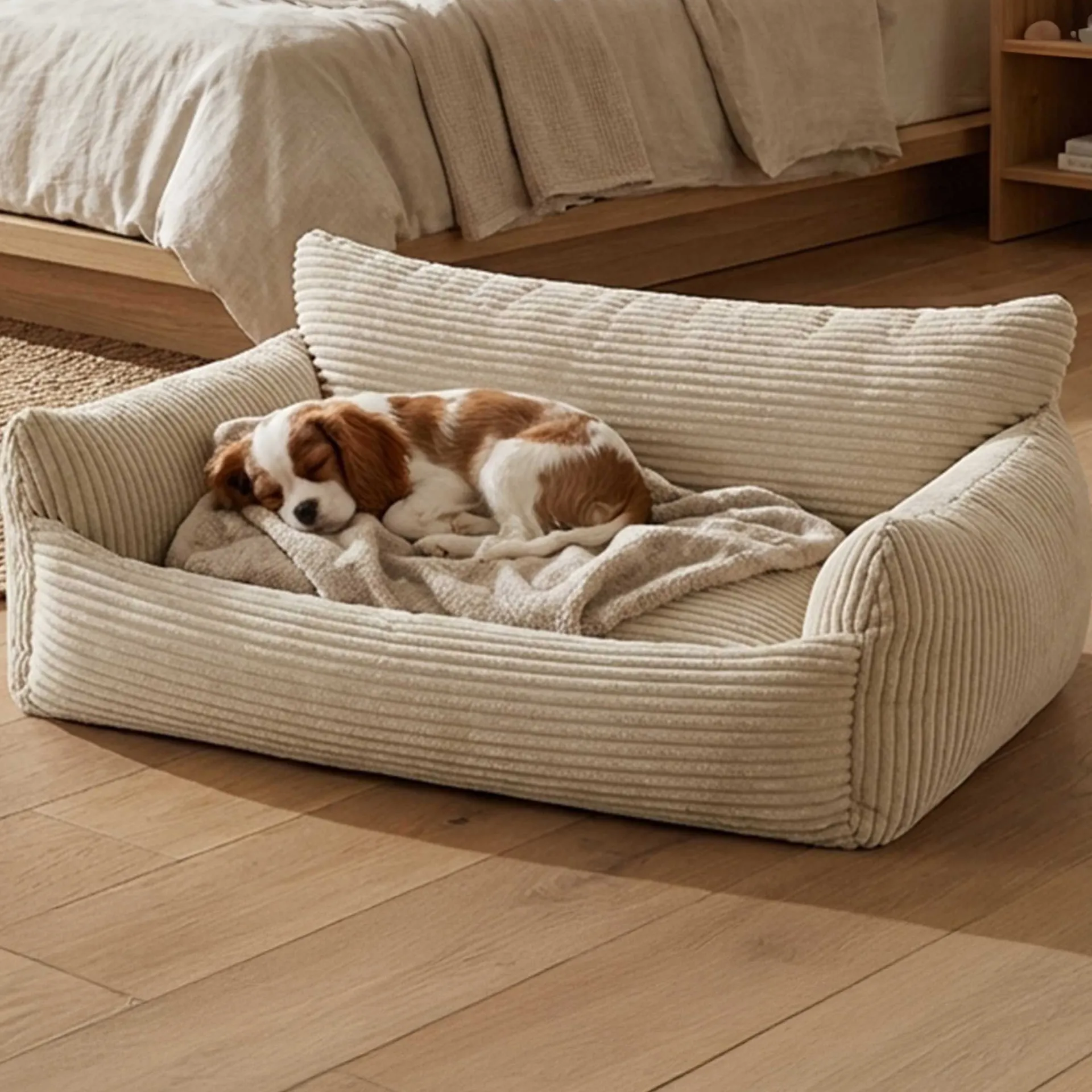 Emob Hundebett Punch - 85x66x29cm - Rippensamt - creme