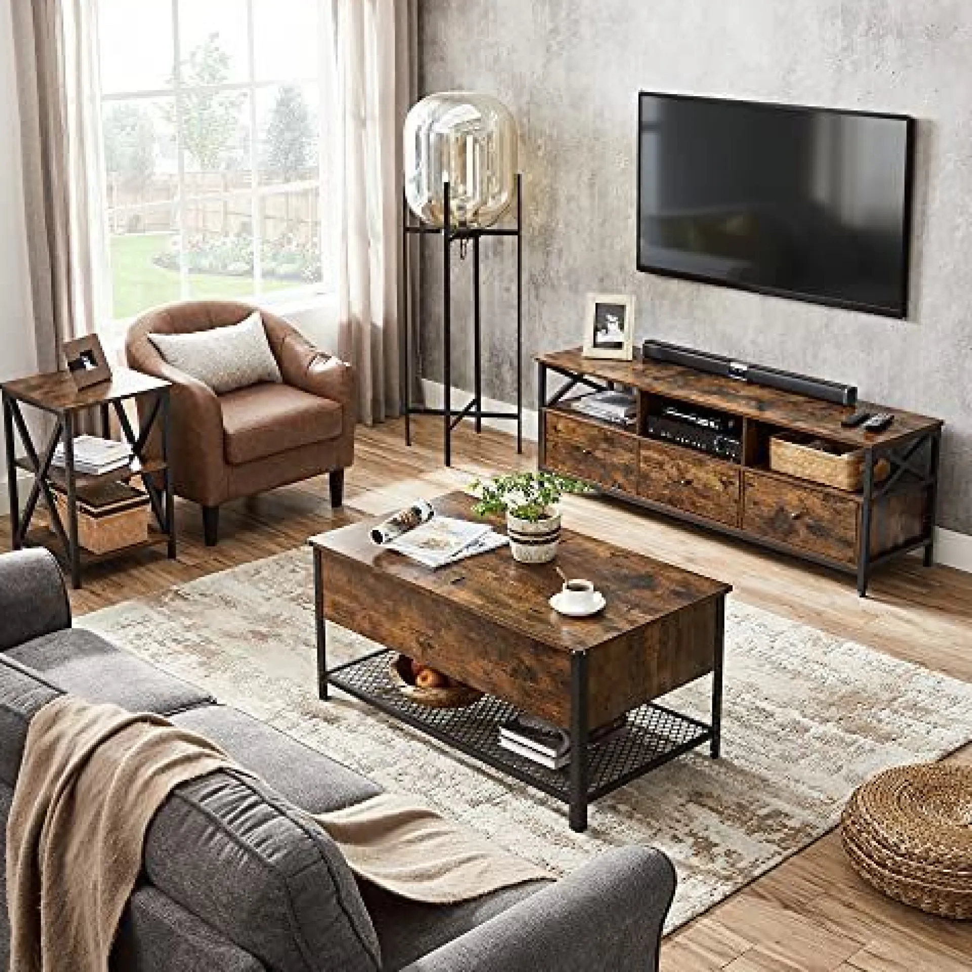 Vasagle Industrieller Couchtisch mit Klappdeckel, Ablage und Regal