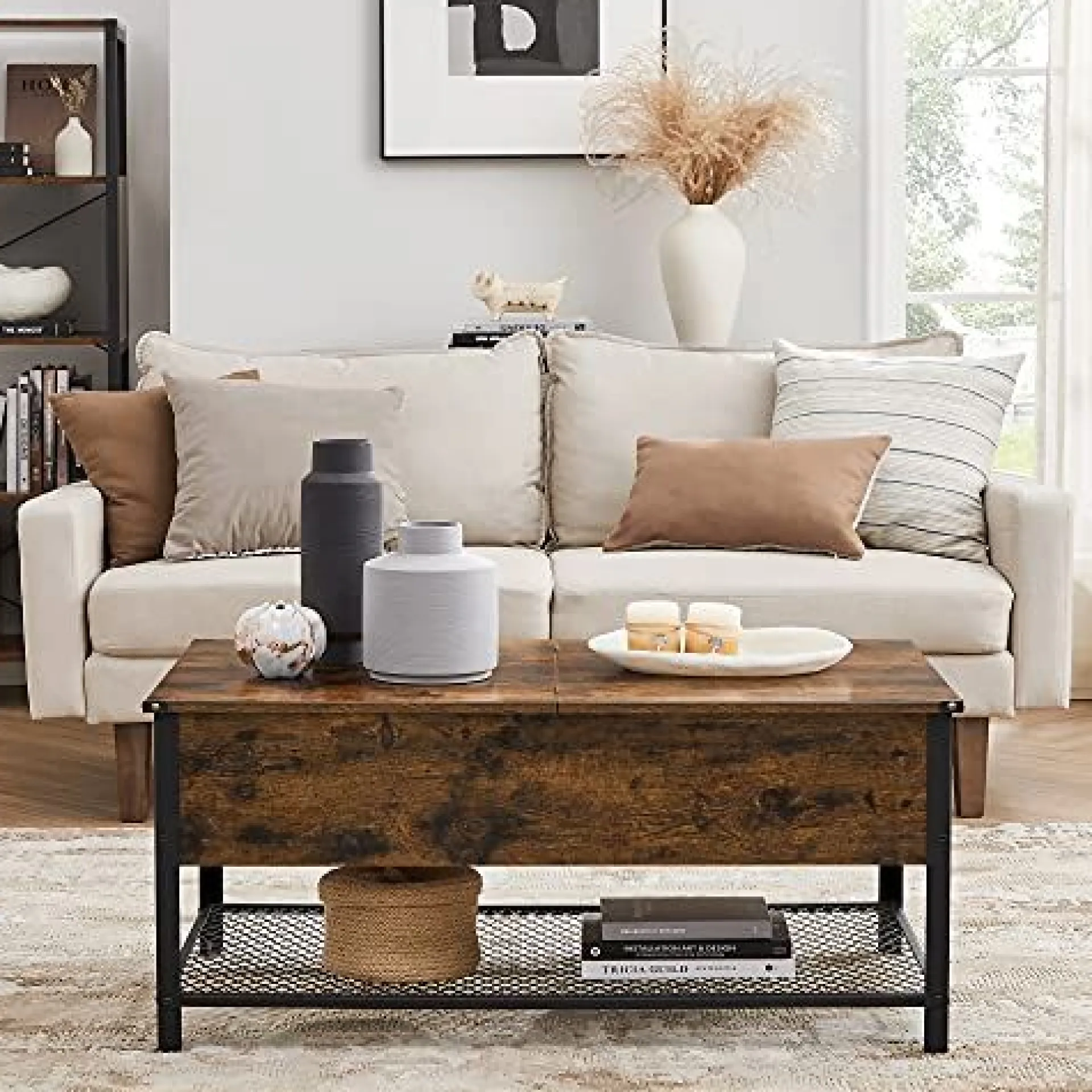 Vasagle Industrieller Couchtisch mit Klappdeckel, Ablage und Regal
