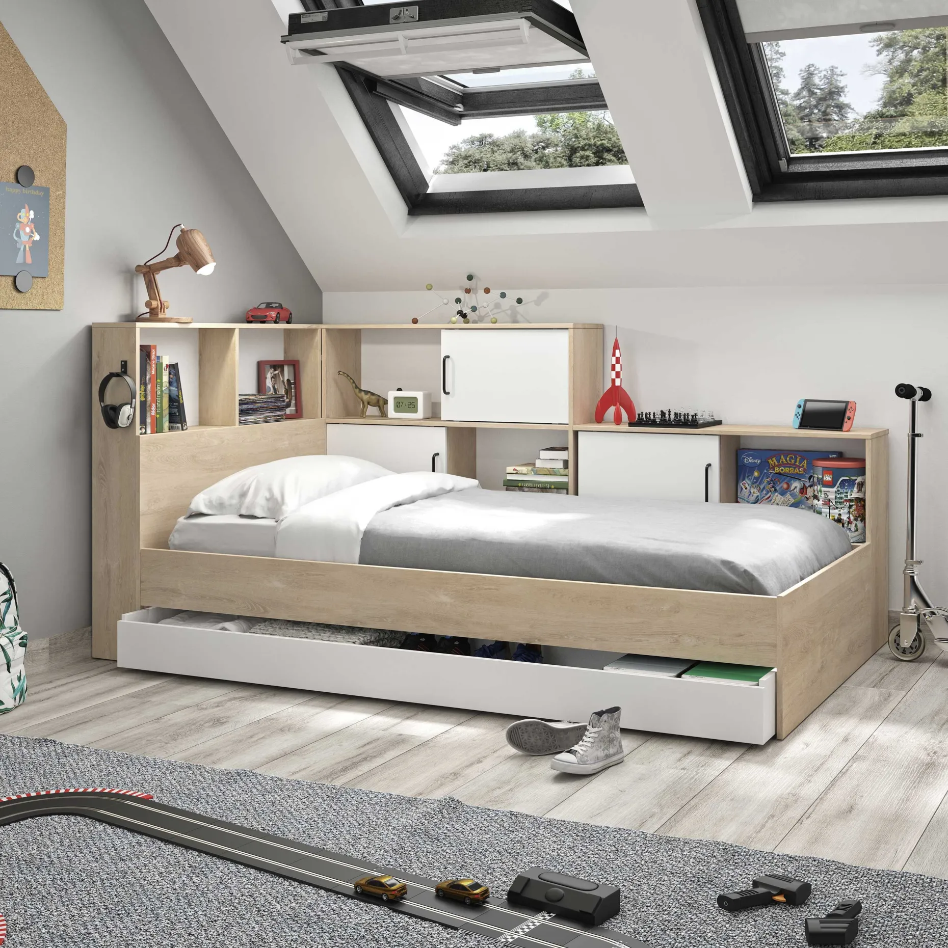 Jugendbett mit Stauraum Erwan - 221x120x104 cm - Eiche