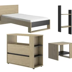 Kinder Gautier - Gami Jugendzimmer Nael: Bett 90x200 mit Lattenrost, Kommode, Nachttisch, Wandregal - Eiche Dekor/schwarz