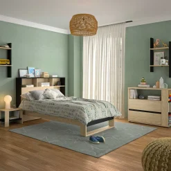 Kinder Gautier - Gami Jugendzimmer Nael: Bett 90x190 mit Rückwand, Kommode, Nachttisch, Wandregal - Eiche Dekor/schwarz