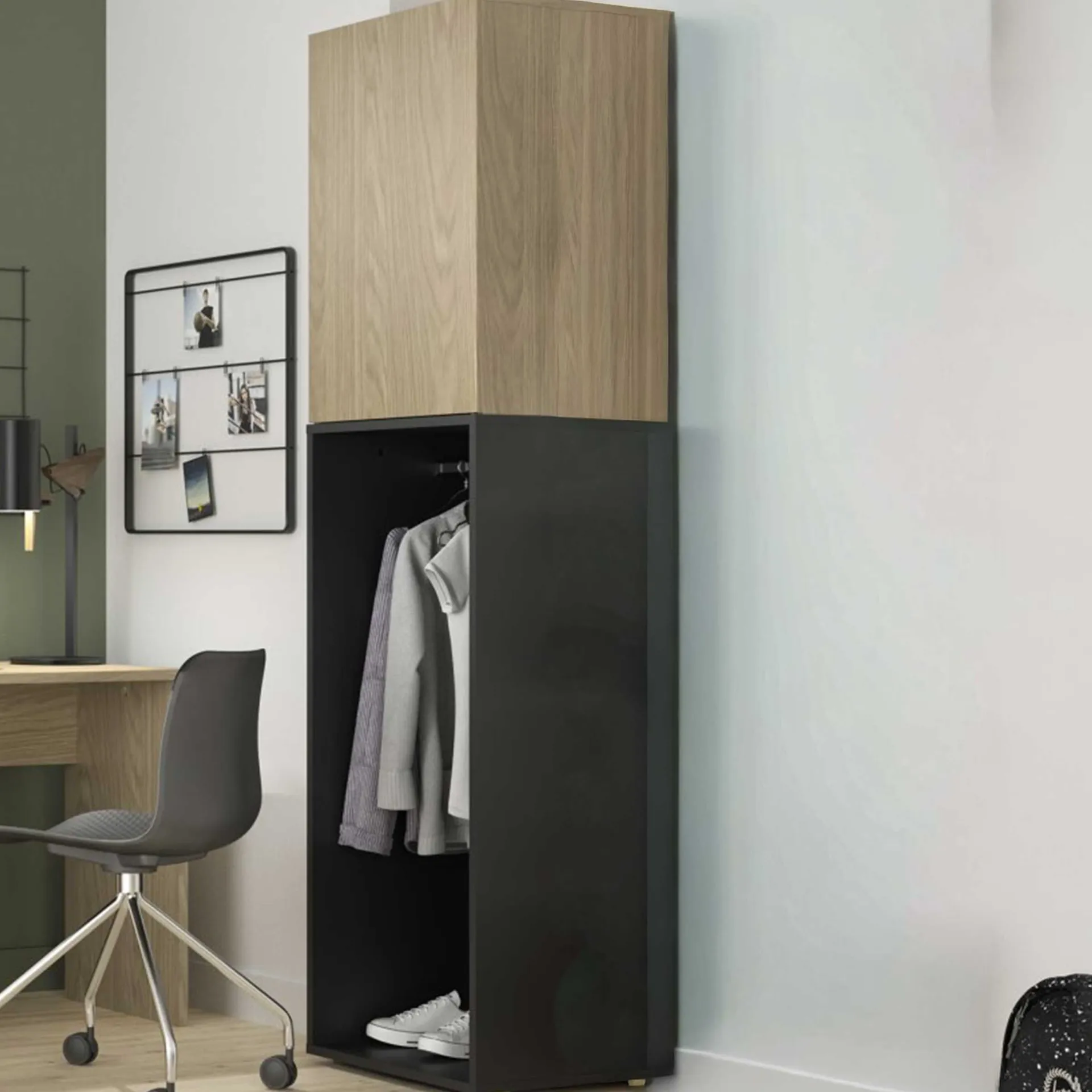 Kinder Gautier - Gami Jugendzimmer Nael: halbhohes Bett 90x200, Schränke - Eiche Dekor/schwarz