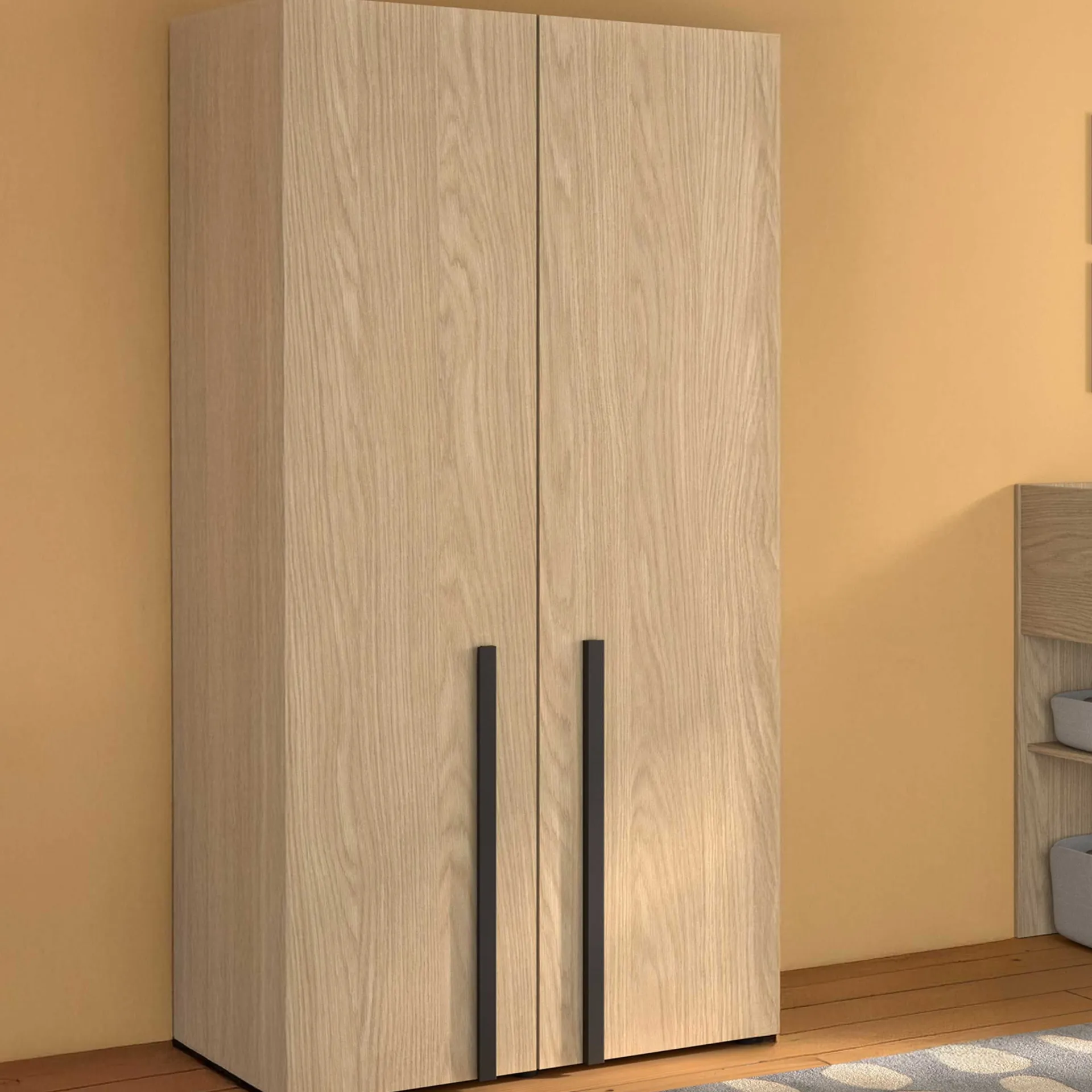 Kinder Gautier - Gami Jugendzimmer Nael: halbhohes Bett 90x200, Schränke - Eiche Dekor/schwarz