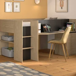 Kinder Gautier - Gami Jugendzimmer Nael: halbhohes Bett 90x200, Schränke - Eiche Dekor/schwarz