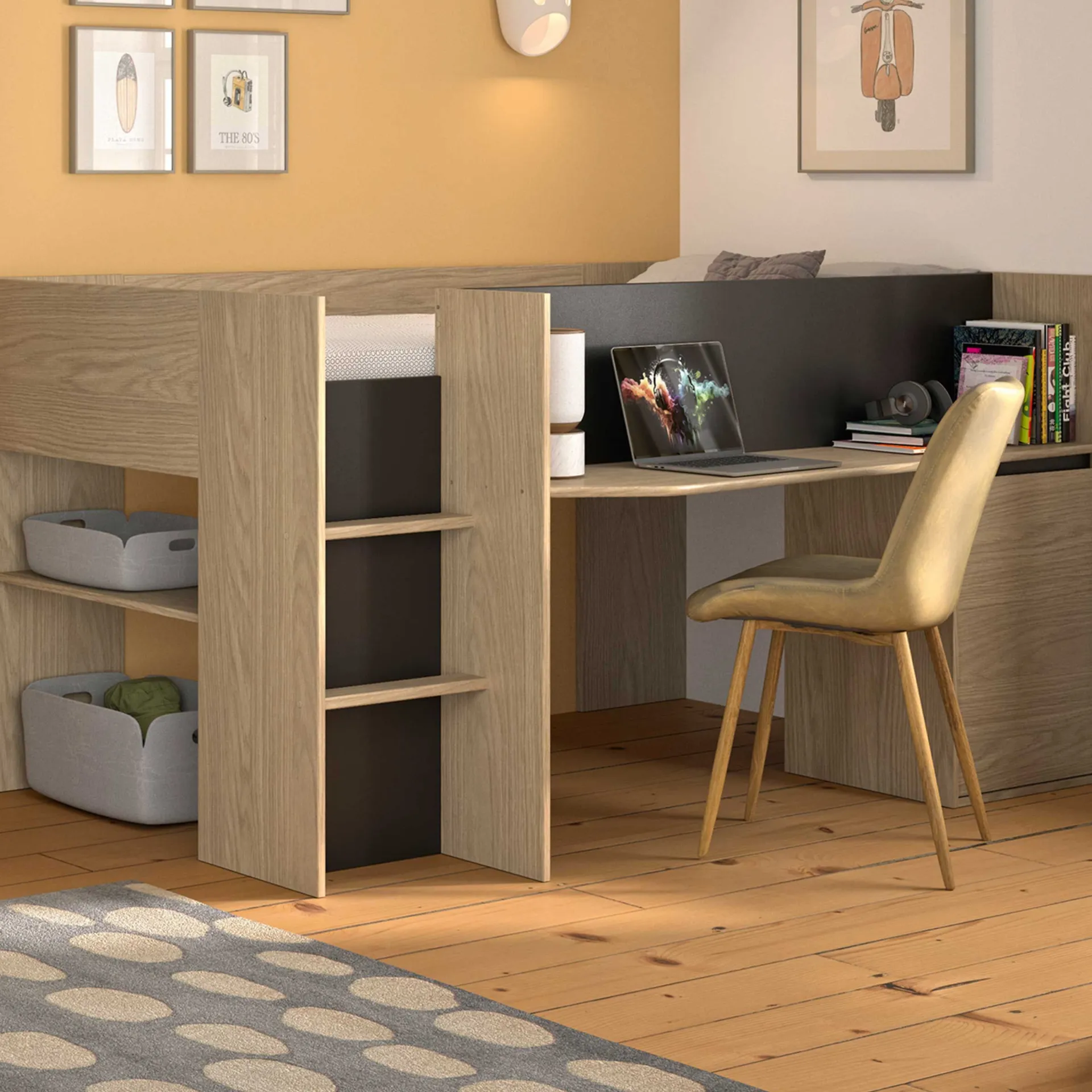 Kinder Gautier - Gami Jugendzimmer Nael: halbhohes Bett 90x200, Schränke - Eiche Dekor/schwarz