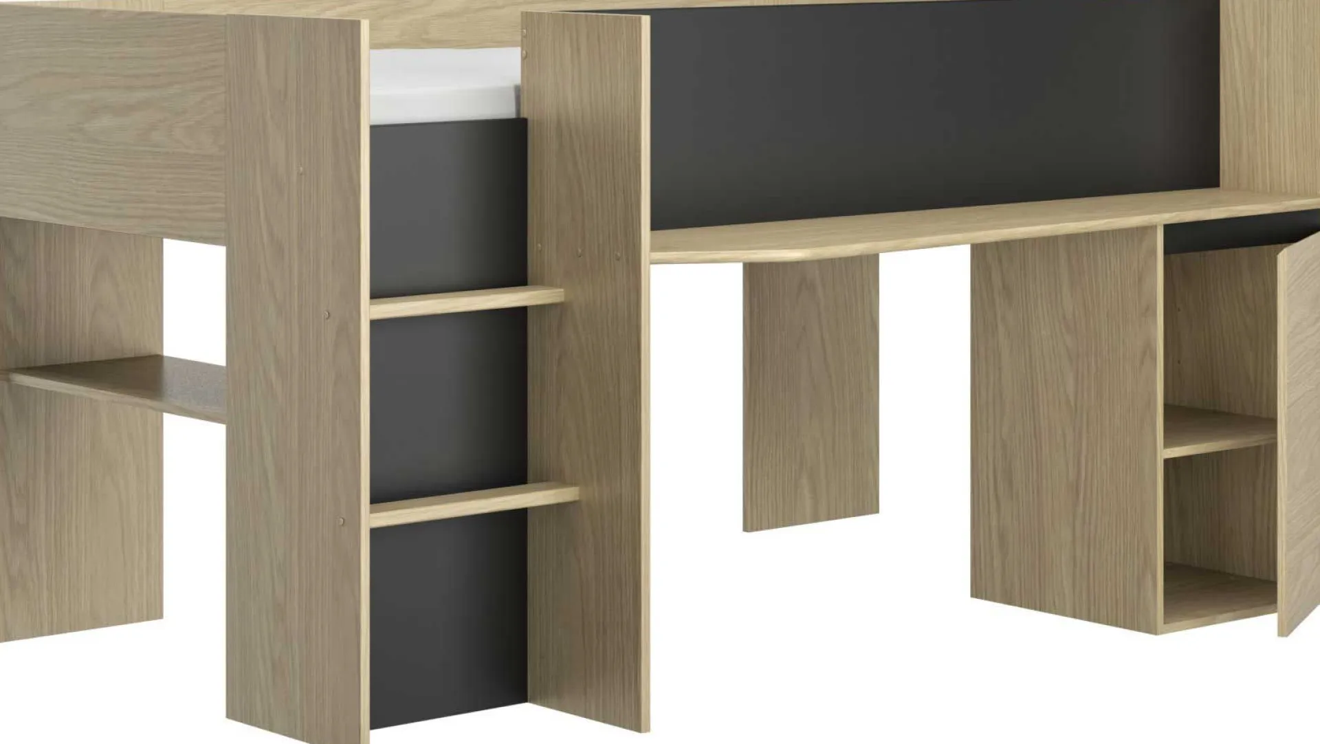 Kinder Gautier - Gami Jugendzimmer Nael: halbhohes Bett 90x200, Schränke - Eiche Dekor/schwarz