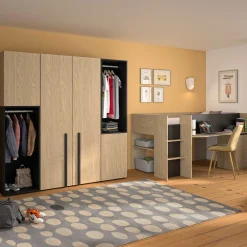 Kinder Gautier - Gami Jugendzimmer Nael: halbhohes Bett 90x200, Schränke - Eiche Dekor/schwarz