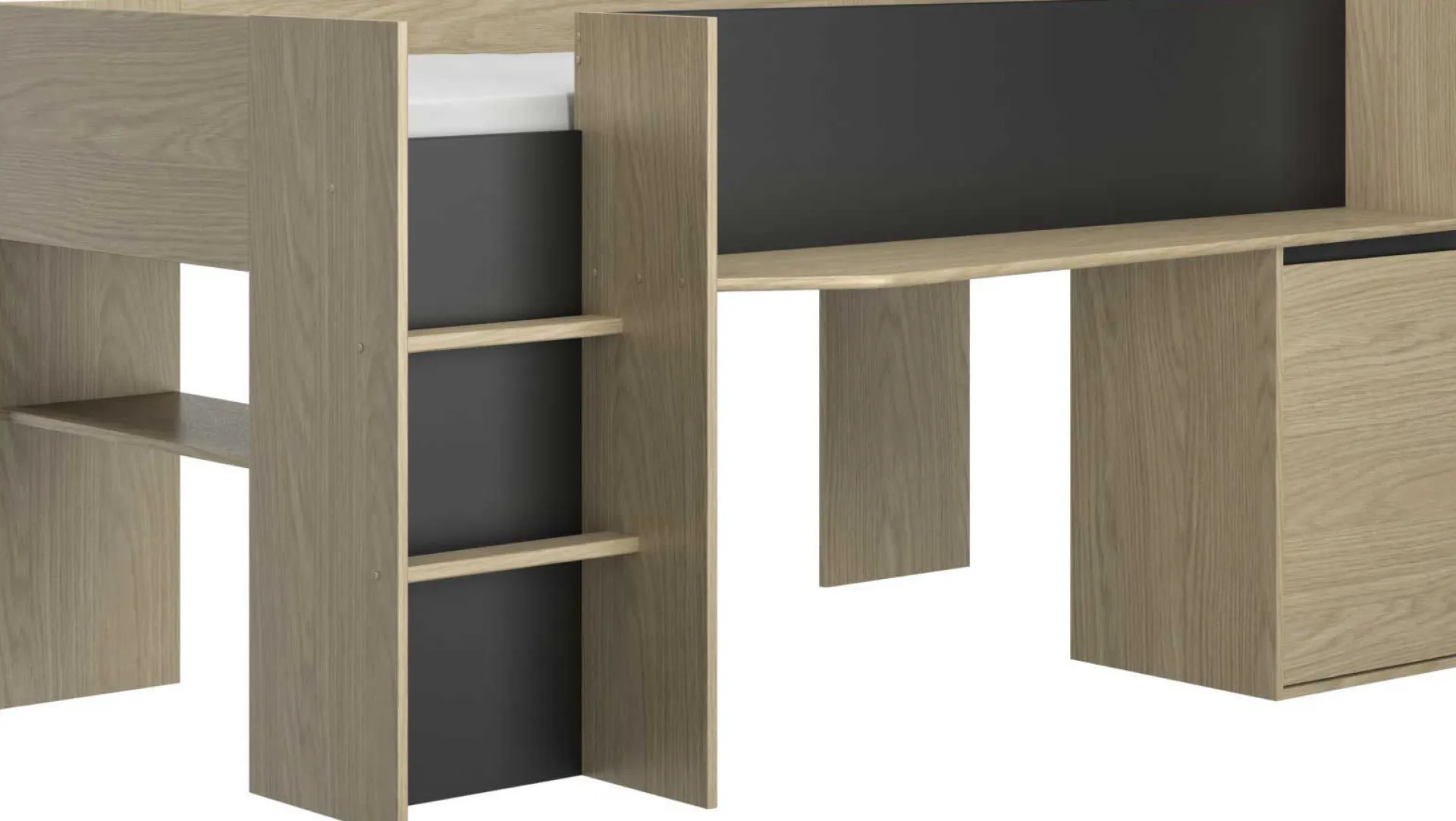 Kinder Gautier - Gami Jugendzimmer Nael: halbhohes Bett 90x200, Schränke - Eiche Dekor/schwarz