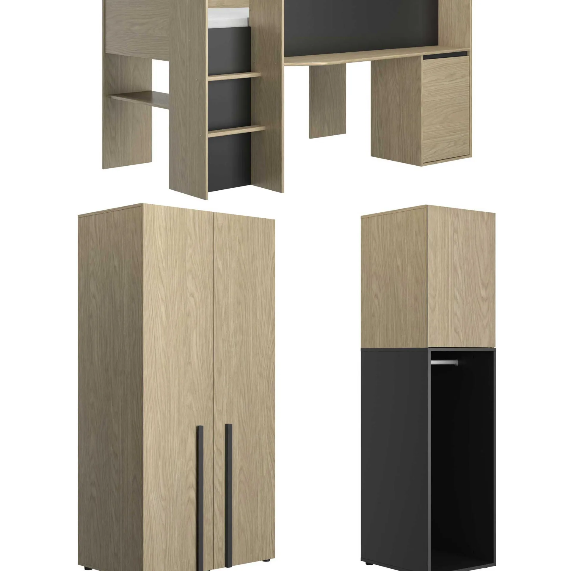 Kinder Gautier - Gami Jugendzimmer Nael: halbhohes Bett 90x200, Schränke - Eiche Dekor/schwarz