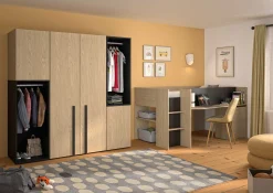 Kinder Gautier - Gami Jugendzimmer Nael: halbhohes Bett 90x200, Schränke - Eiche Dekor/schwarz