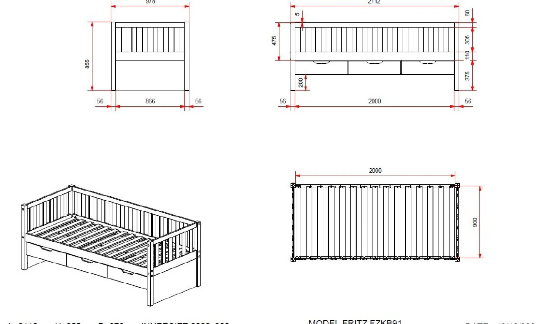 Kabinenbett Friedrich 90x200 mit 3 Schubladen und Unterbett aus Kiefer - weiß