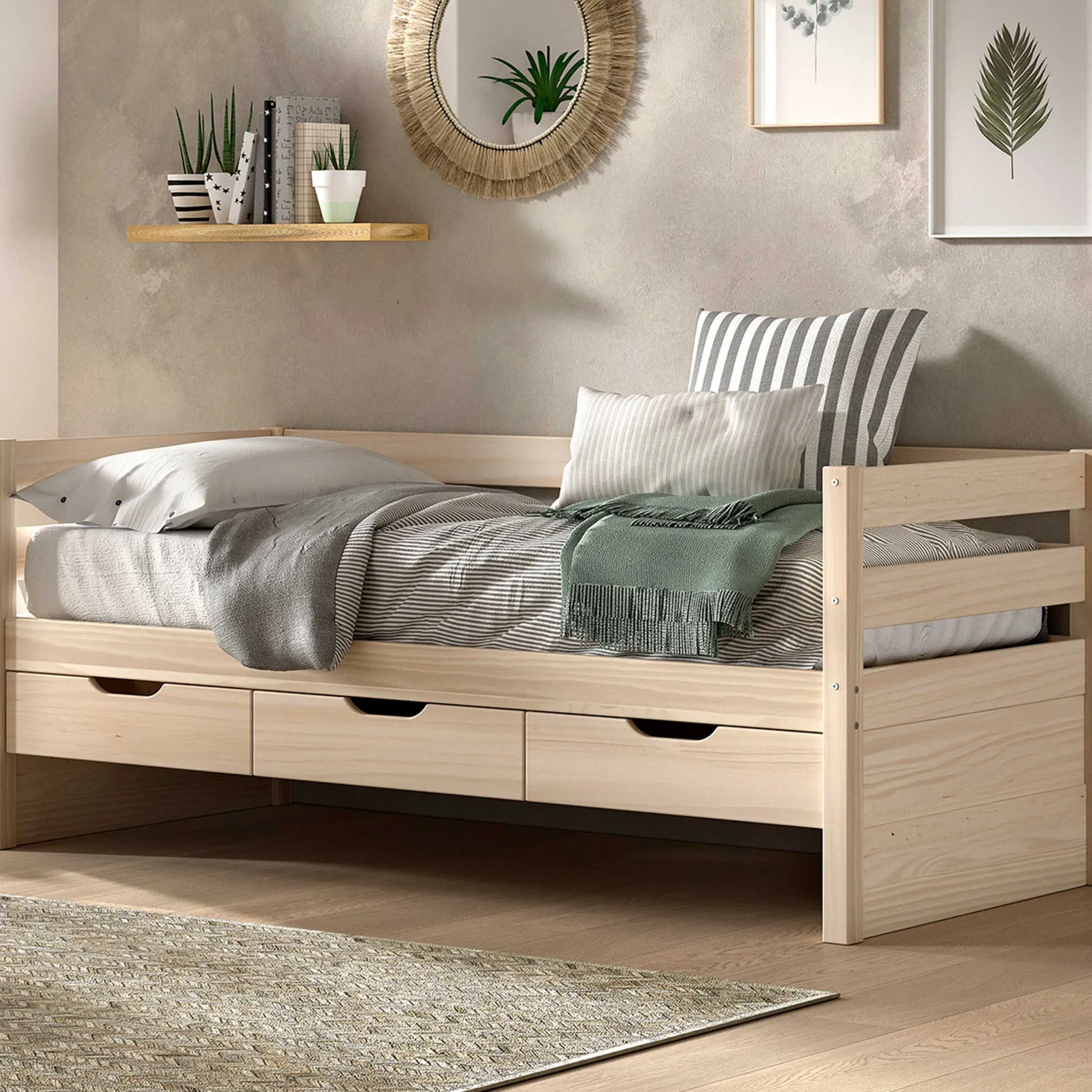 Kabinenbett Maggie - mit 3 Ablagefächern - 90 x 200 - Kiefer massiv - Kiefer milchig