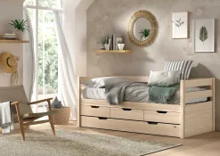 Kabinenbett Maggie - mit 3 Stauraumschubladen und Bettkasten - 90 x 200 - Kiefer massiv - Kiefer milchig