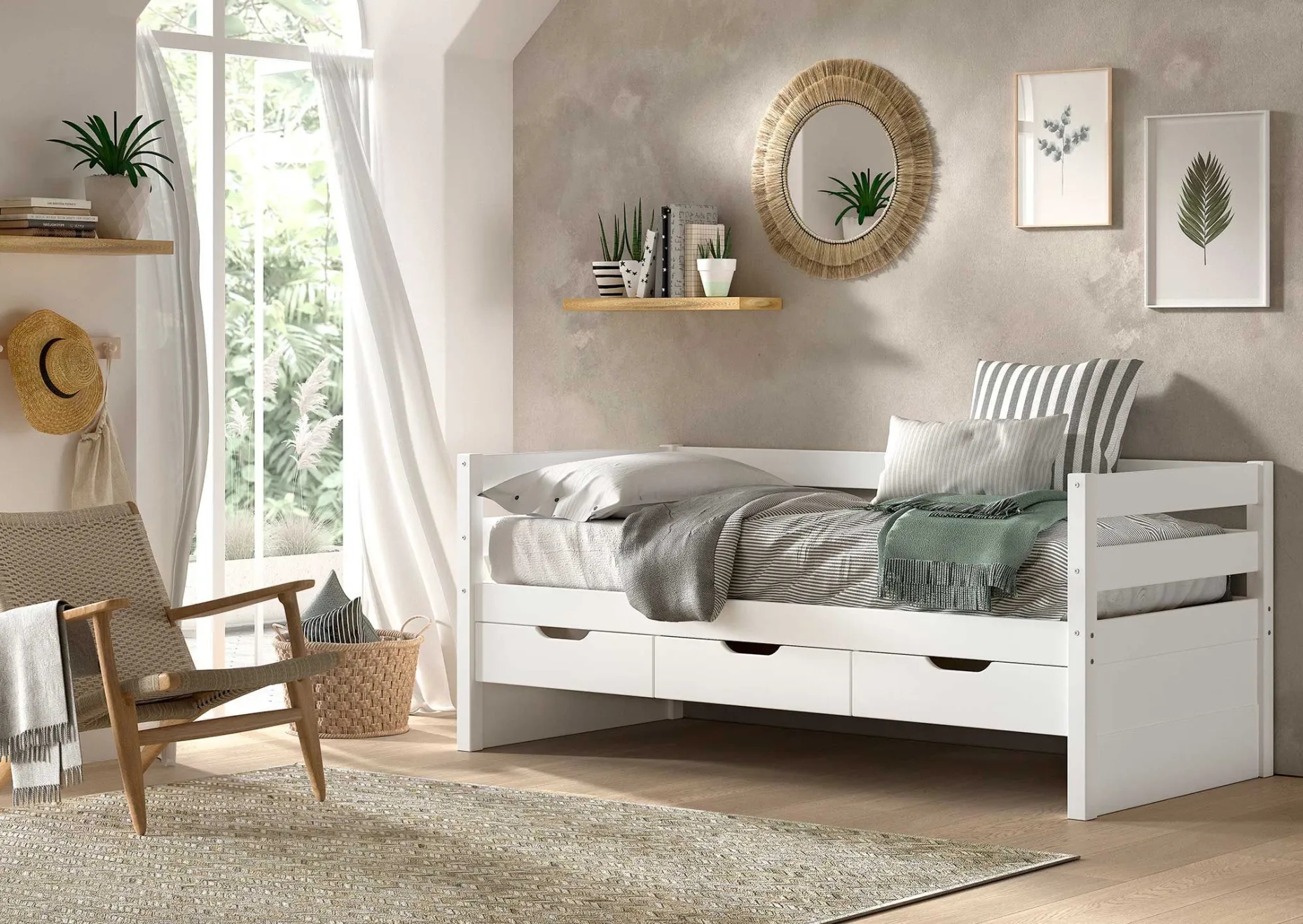 Kabinenbett Maggie - mit 3 Stauraumschubladen und Bettkasten - 90 x 200 - Kiefer massiv - weiß