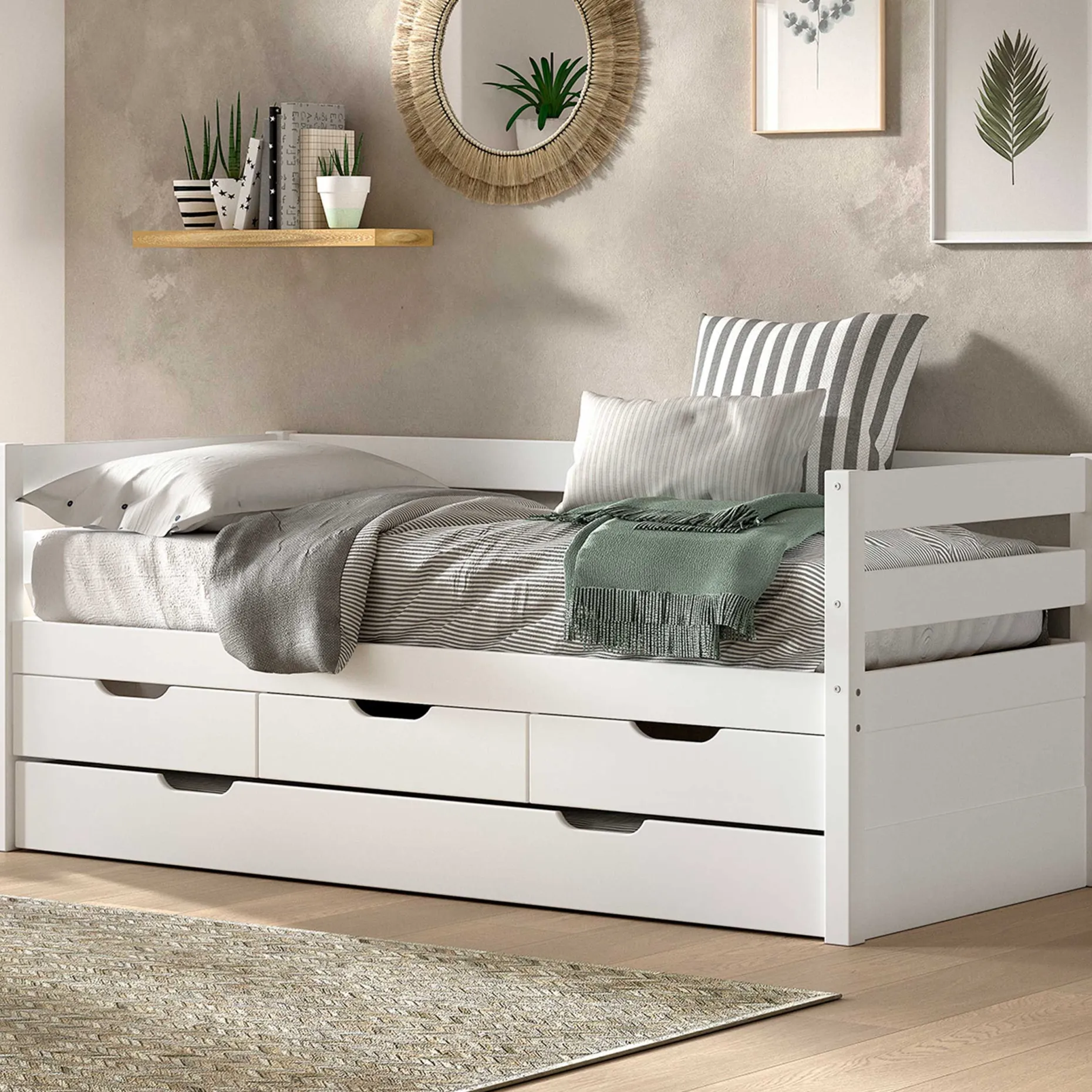 Kabinenbett Maggie - mit 3 Stauraumschubladen und Bettkasten - 90 x 200 - Kiefer massiv - weiß